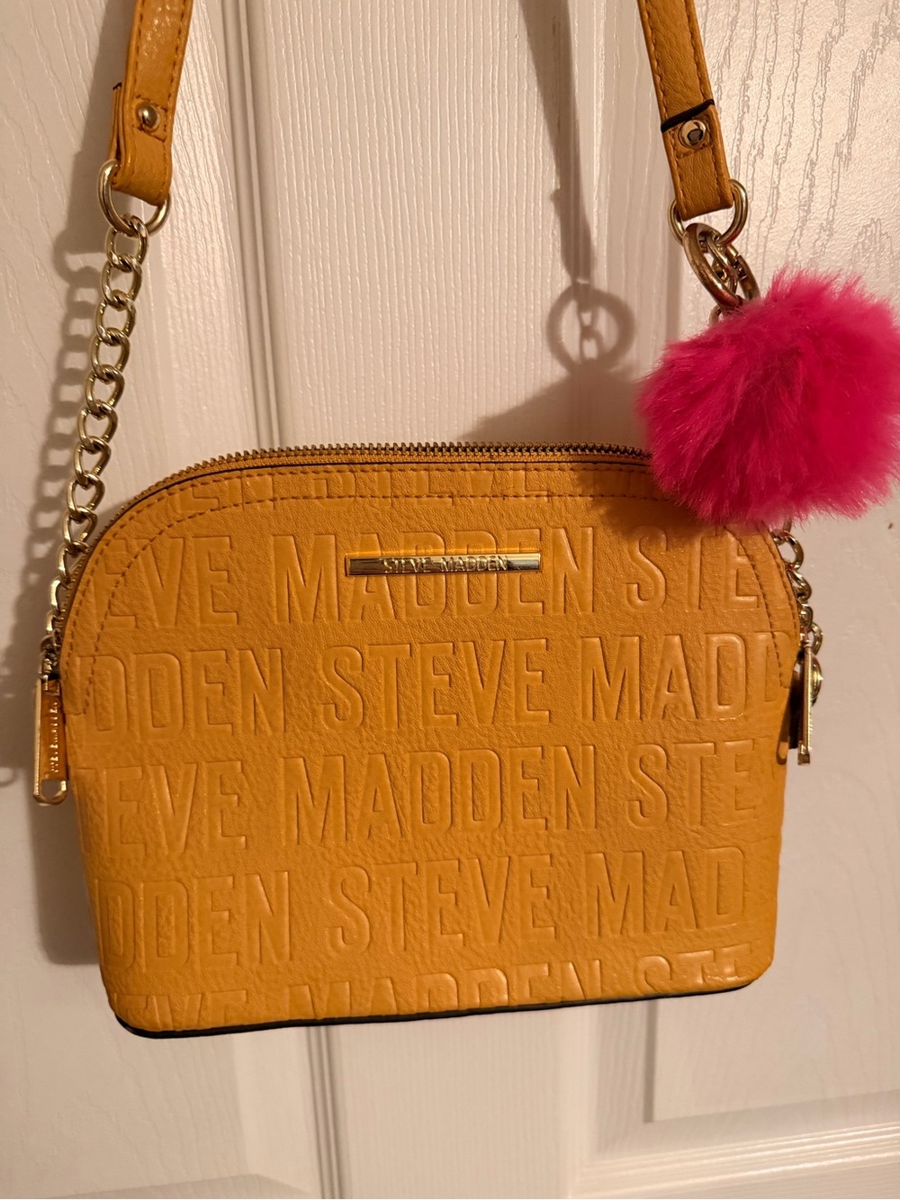 Steve Madden Yellow Crossbody with Pink Pom Pom Accent